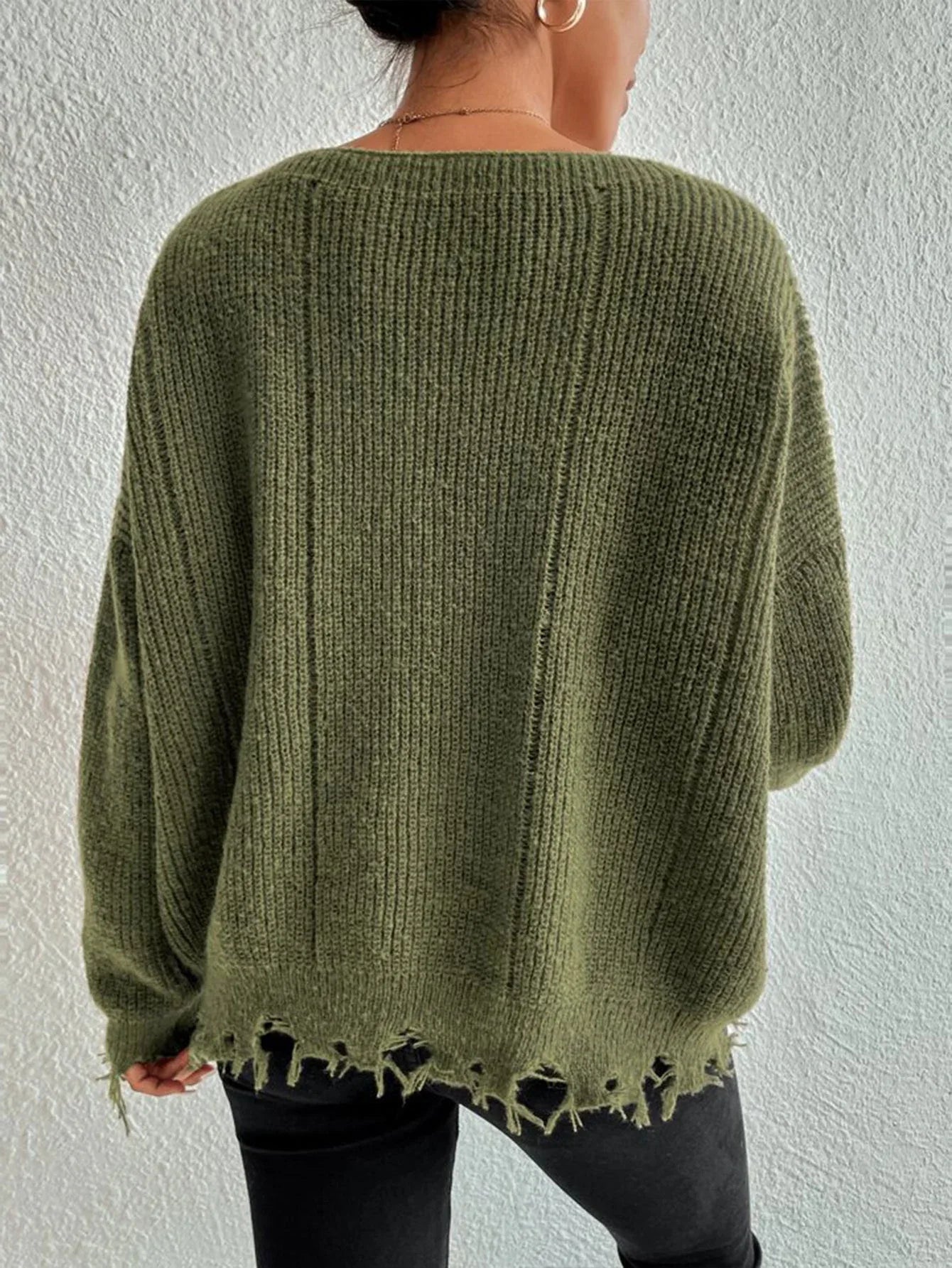 Distressed Raw Hem Oversized Knit Sweater - WEUXS