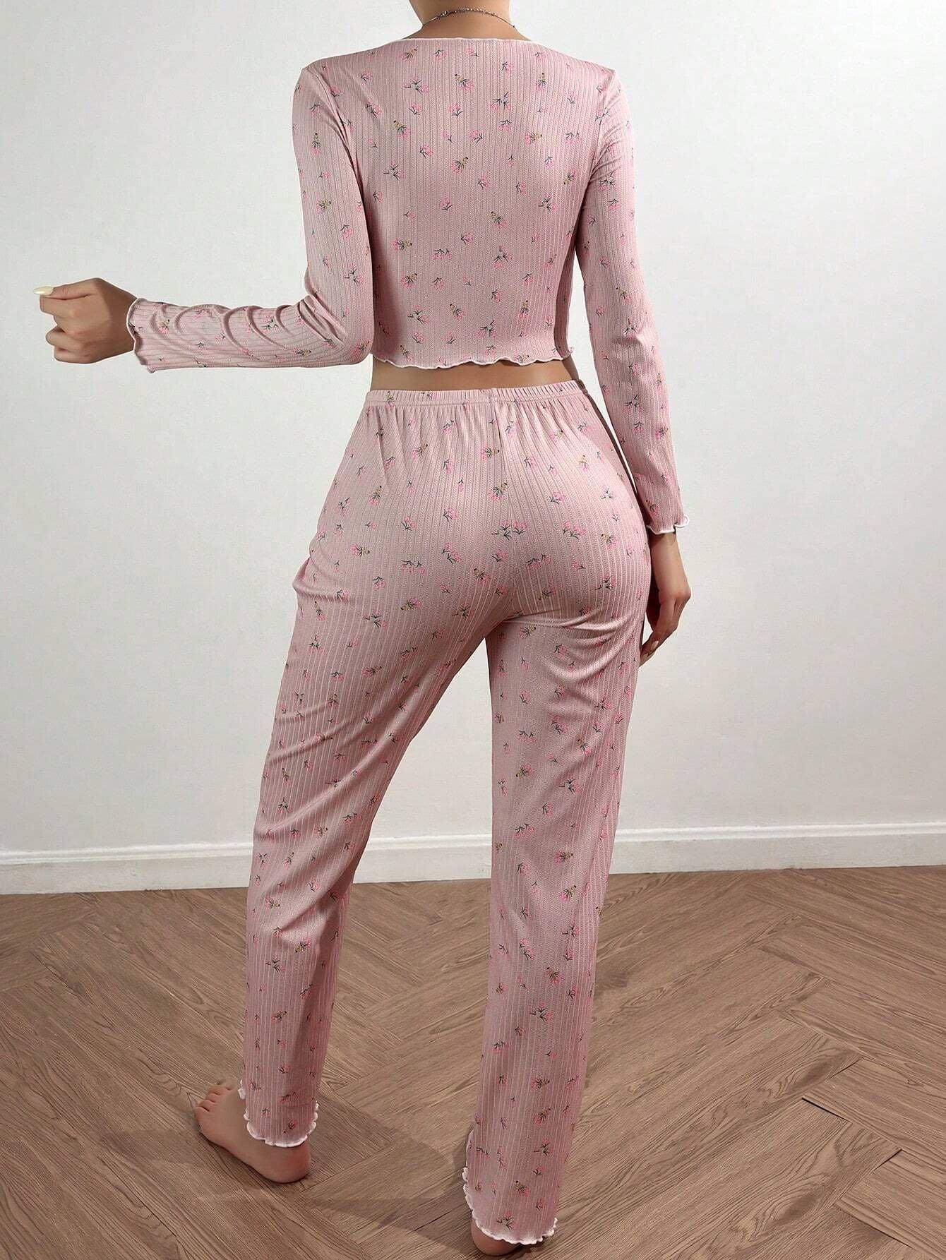Ribbed Floral Henley Pajama Set - View 17 | WEUXS