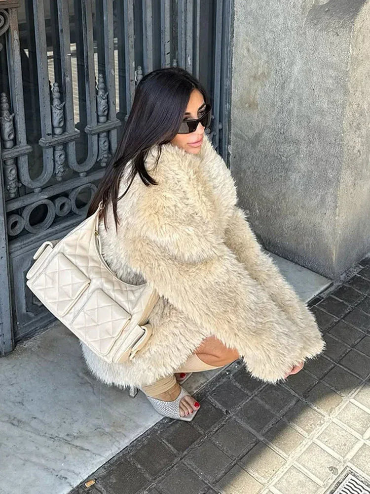 Textured faux fur coat with belted waist - View 11 | WEUXS