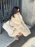 Textured faux fur coat with belted waist - View 11 | WEUXS