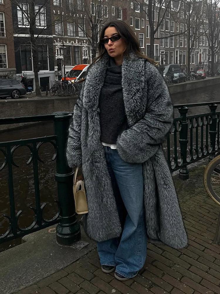 Opulent Silver Grey Faux Fur Maxi Coat - WEUXS