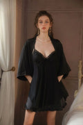Black Ruffled Satin Slip Dress & Robe Set - WEUXS