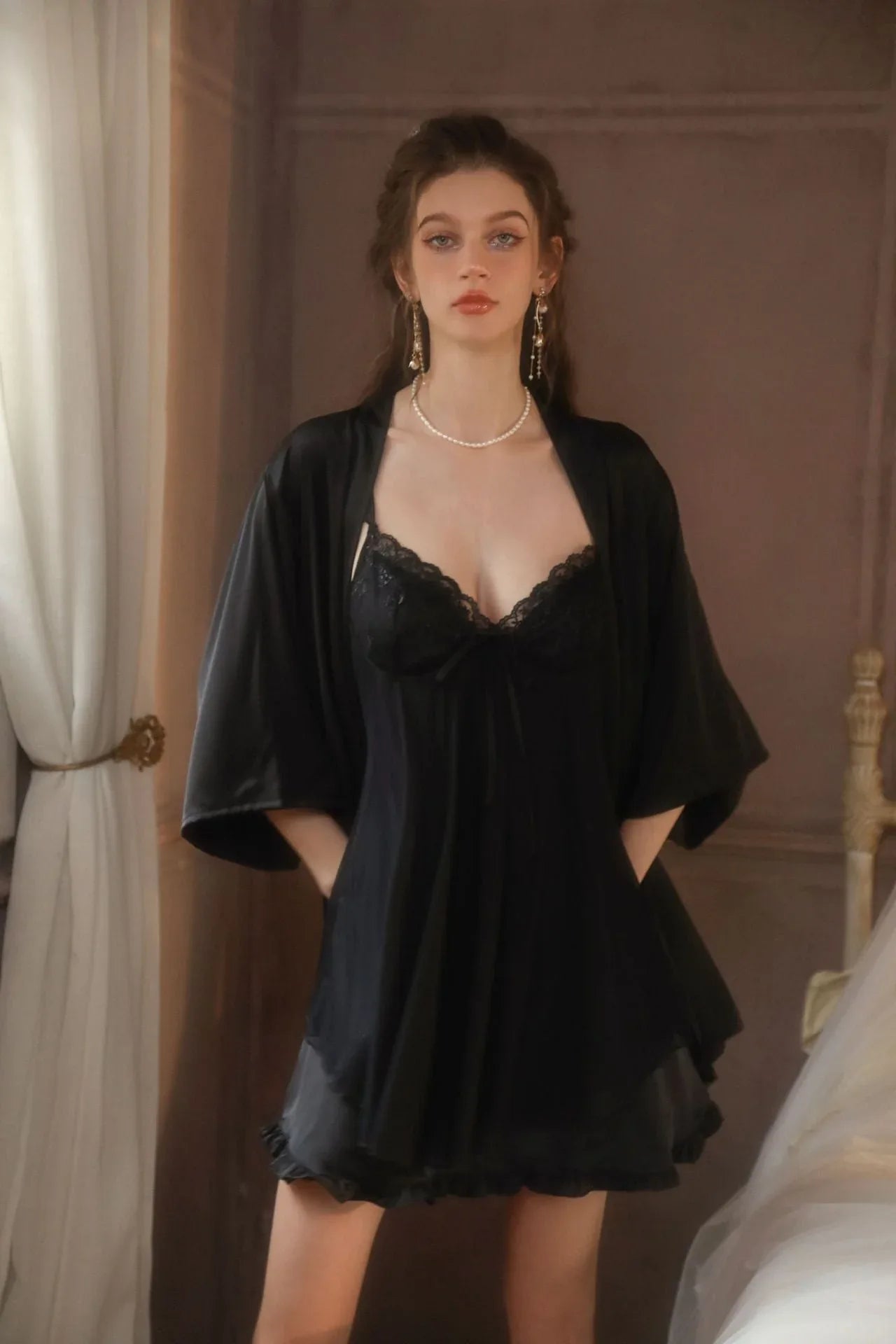 Black Ruffled Satin Slip Dress & Robe Set - WEUXS