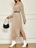 Full body shot of a woman in a beige ribbed knit maxi dress