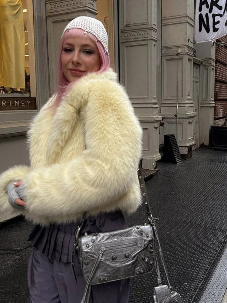 Buttercream Plush Faux Fur Cropped Jacket - WEUXS