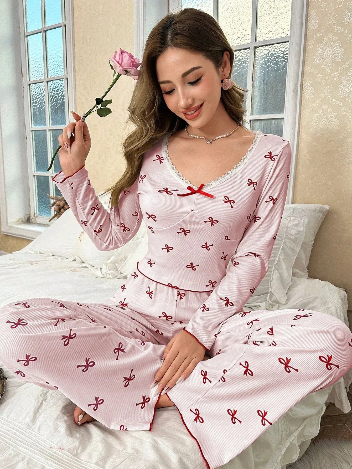 Ribbed Pajama Set with Bow Print - View 10 | WEUXS