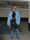 Icy Blue Mongolian Style Shaggy Faux Fur Jacket - WEUXS