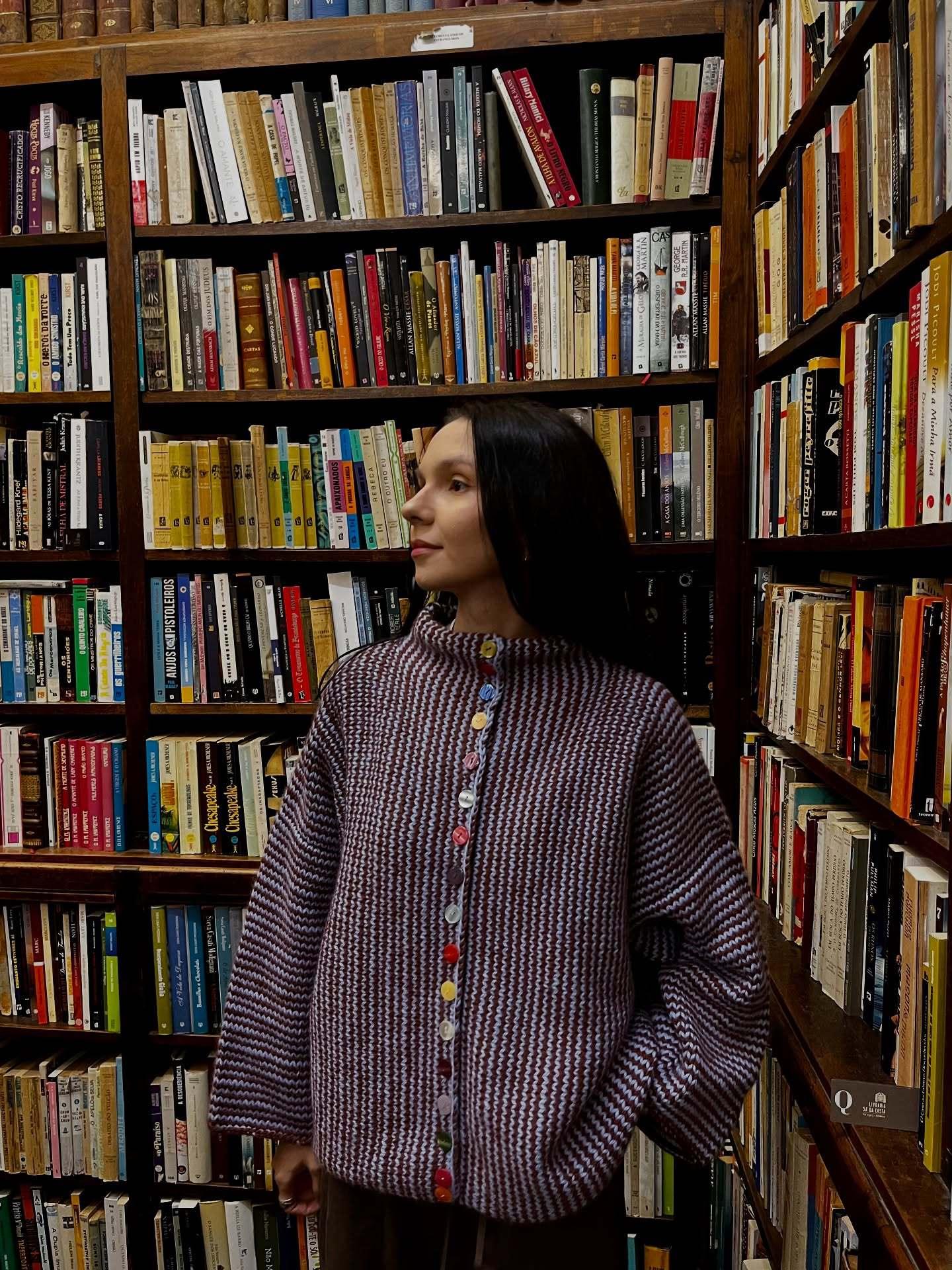 Woman wearing a chevron knit button cardigan - View 8 | WEUXS