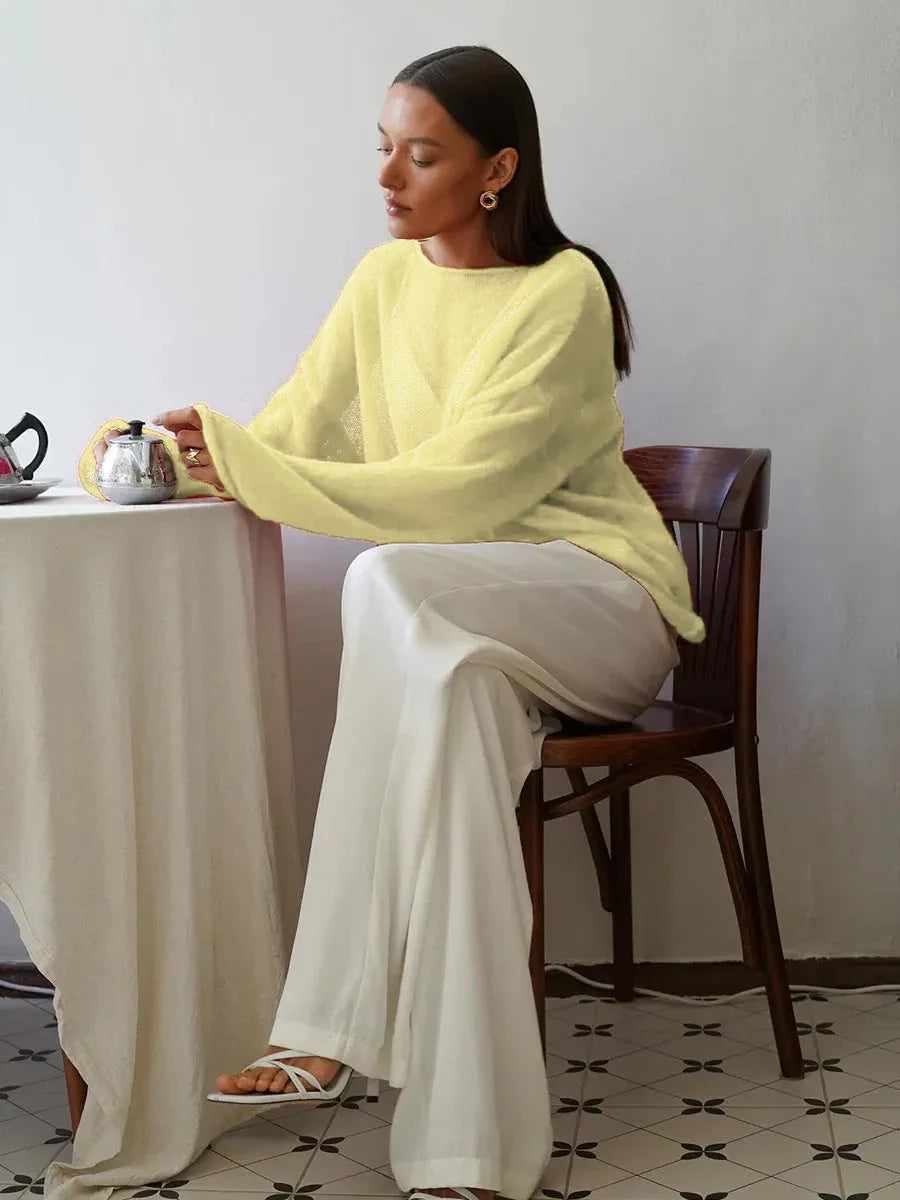 Oversized knit pullover sweater with boat neckline - View 21 | WEUXS