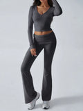 V-Neck Knit Crop Top and Flare Pants Set - View 28 | WEUXS