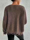 Distressed Raw Hem Oversized Knit Sweater - WEUXS