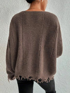 Distressed Raw Hem Oversized Knit Sweater - WEUXS