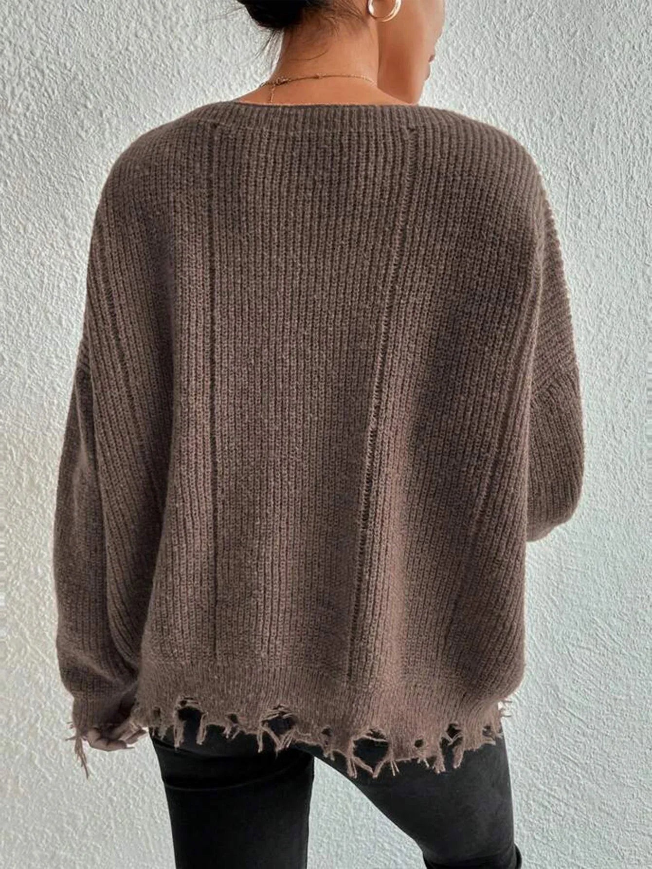 Distressed Raw Hem Oversized Knit Sweater - WEUXS