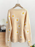 Back view of a light yellow long-sleeve cardigan with white daisy print, displayed on a hanger.