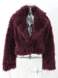 Vamp Burgundy Shaggy Faux Fur Cropped Jacket - WEUXS