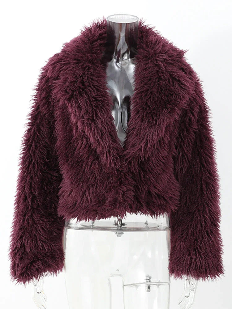 Vamp Burgundy Shaggy Faux Fur Cropped Jacket - WEUXS