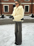 Cream Plush Faux Fur Cropped Jacket - WEUXS
