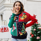 Detail of 3D red pom-poms on a holiday patchwork sweater.