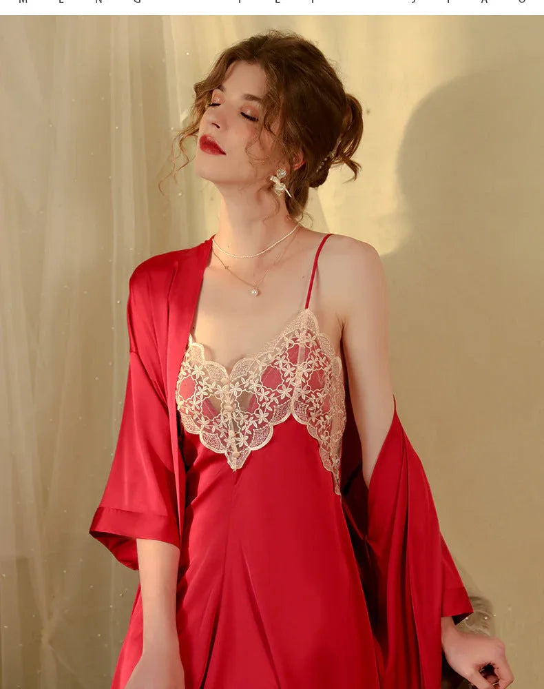 Satin Lace Robe and Slip Dress Set - View 9 | WEUXS