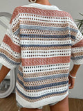 Back view of a woman wearing a multi-colored striped open knit cropped sweater.