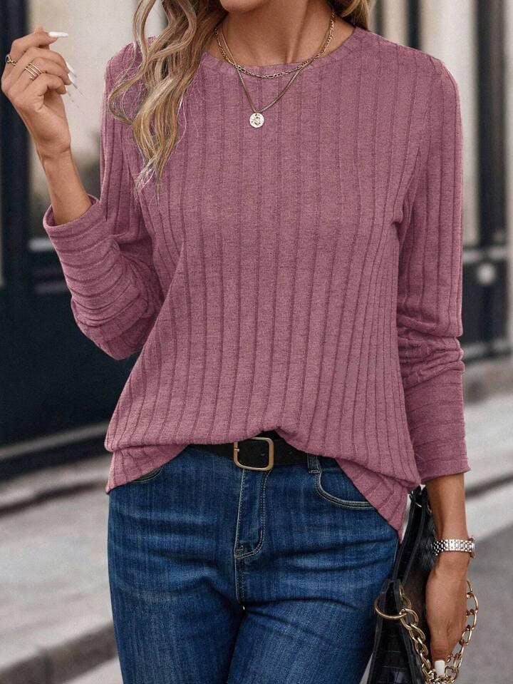 Ribbed Knit Crew Neck Long Sleeve Top - View 11 | WEUXS