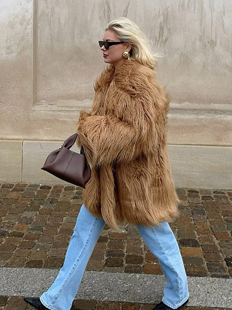 Luxe Golden Camel Shaggy Faux Fur Coat - WEUXS