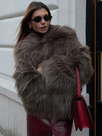 Dark Taupe Shaggy Faux Fur Cropped Jacket - View 8 | WEUXS