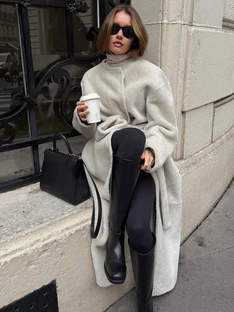 Majestic Cream Belted Faux Fur Long Coat - View 10 | WEUXS