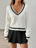 Ivy League V-Neck Cable Knit Sweater - WEUXS
