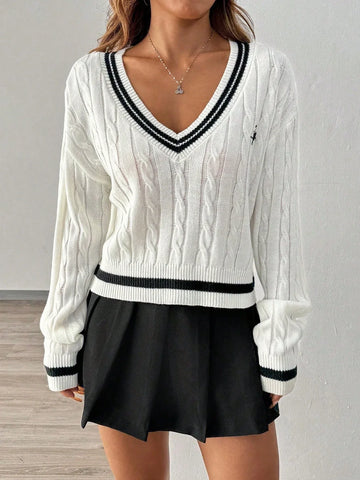 Ivy League V-Neck Cable Knit Sweater - WEUXS