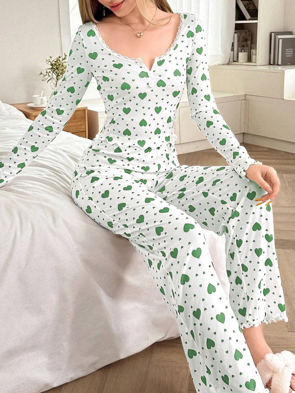 Ribbed Heart Print Pajama Set - View 27 | WEUXS