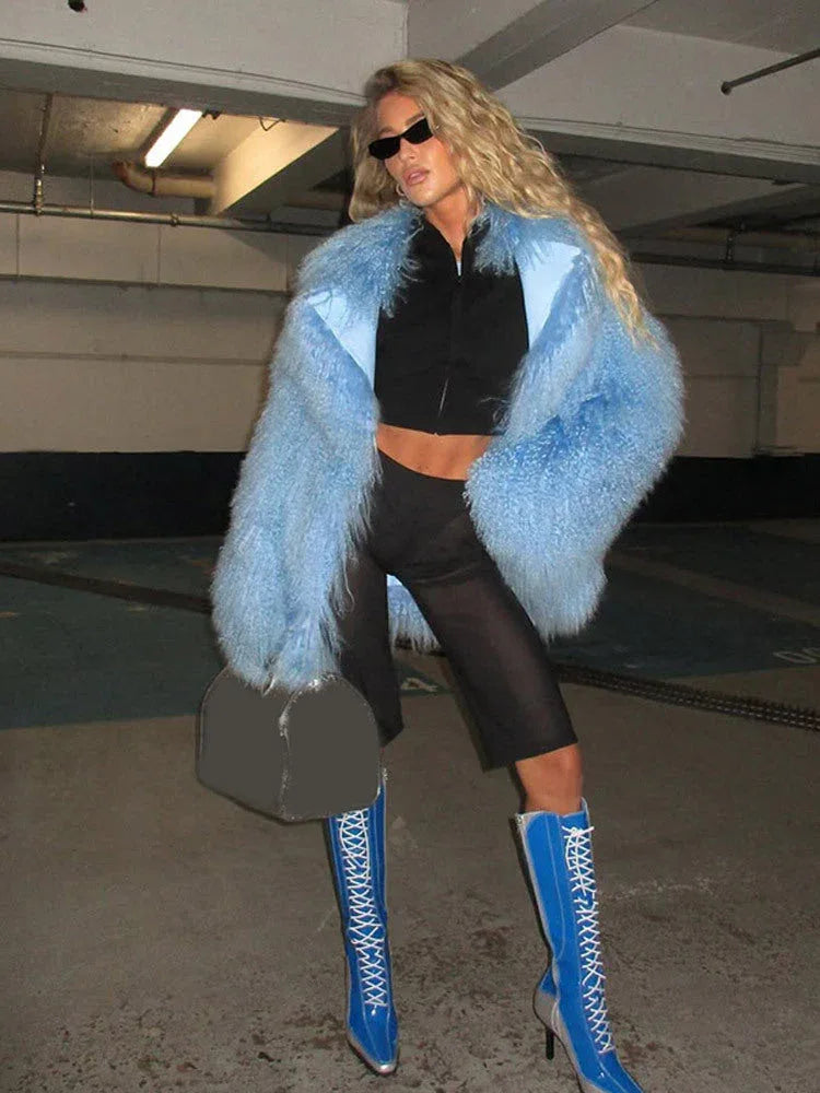 Icy Blue Mongolian Style Shaggy Faux Fur Jacket - WEUXS