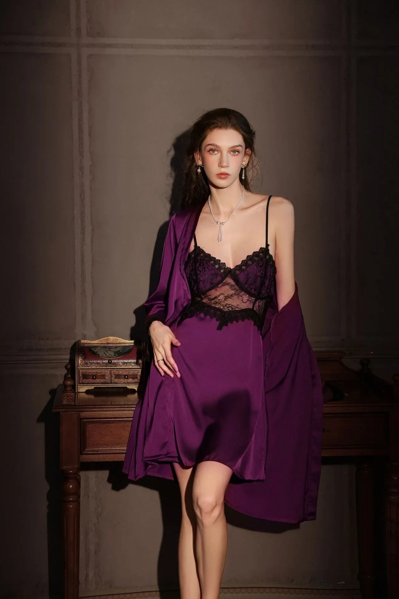 Satin Lace Robe Set - View 17 | WEUXS
