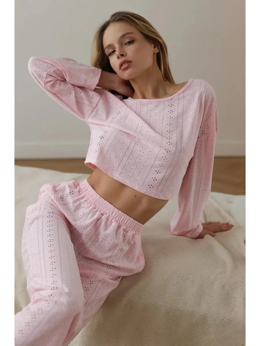 Coquette Aesthetic Pink Eyelet Lounge Set - WEUXS