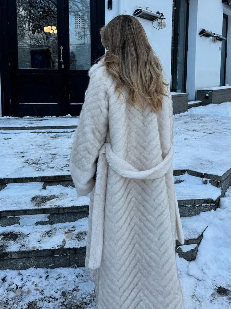 Elegant Chevron Textured Faux Fur Maxi Coat - View 6 | WEUXS