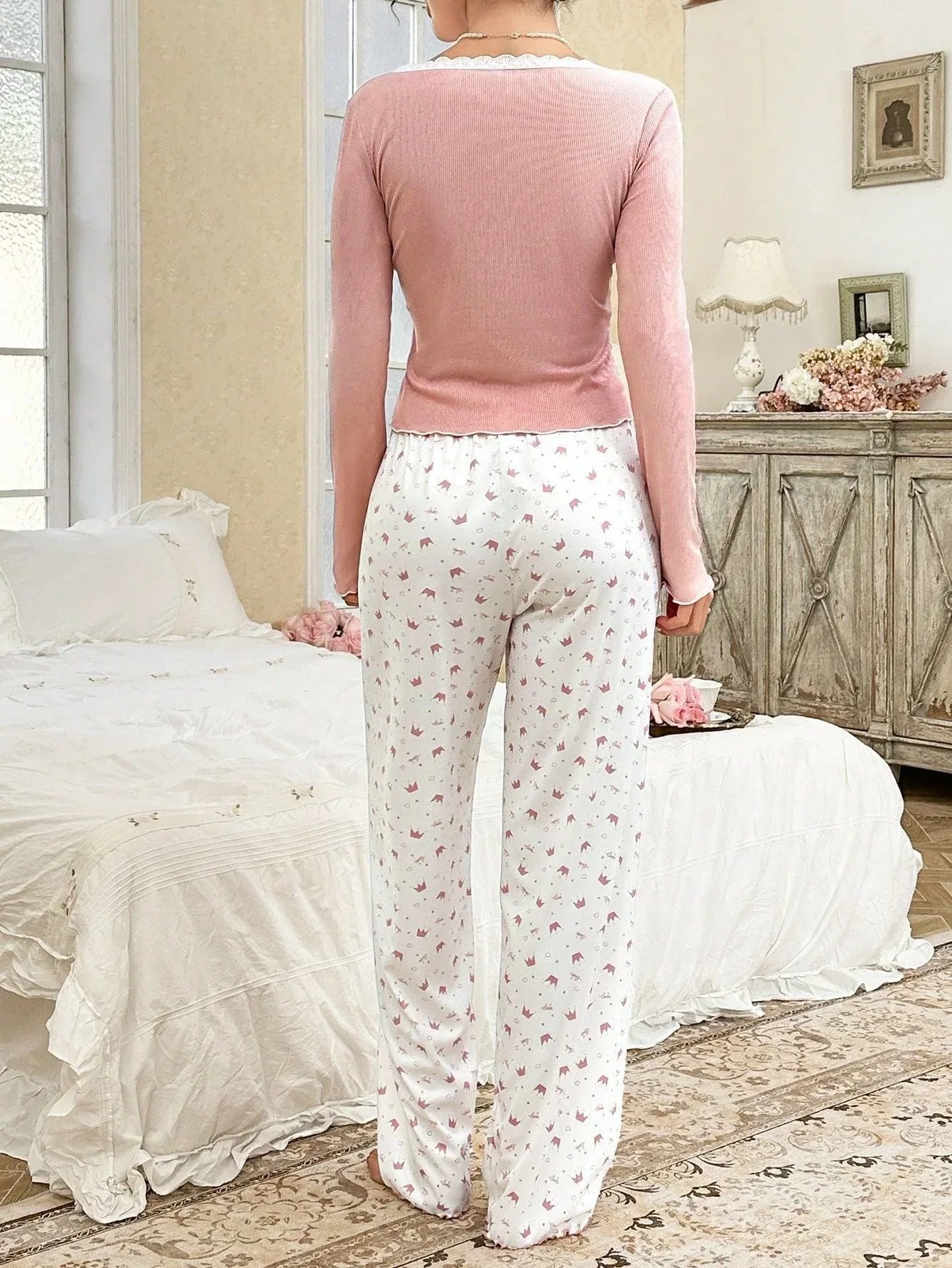 Ribbed Henley Pajama Set with Crown Print - View 7 | WEUXS