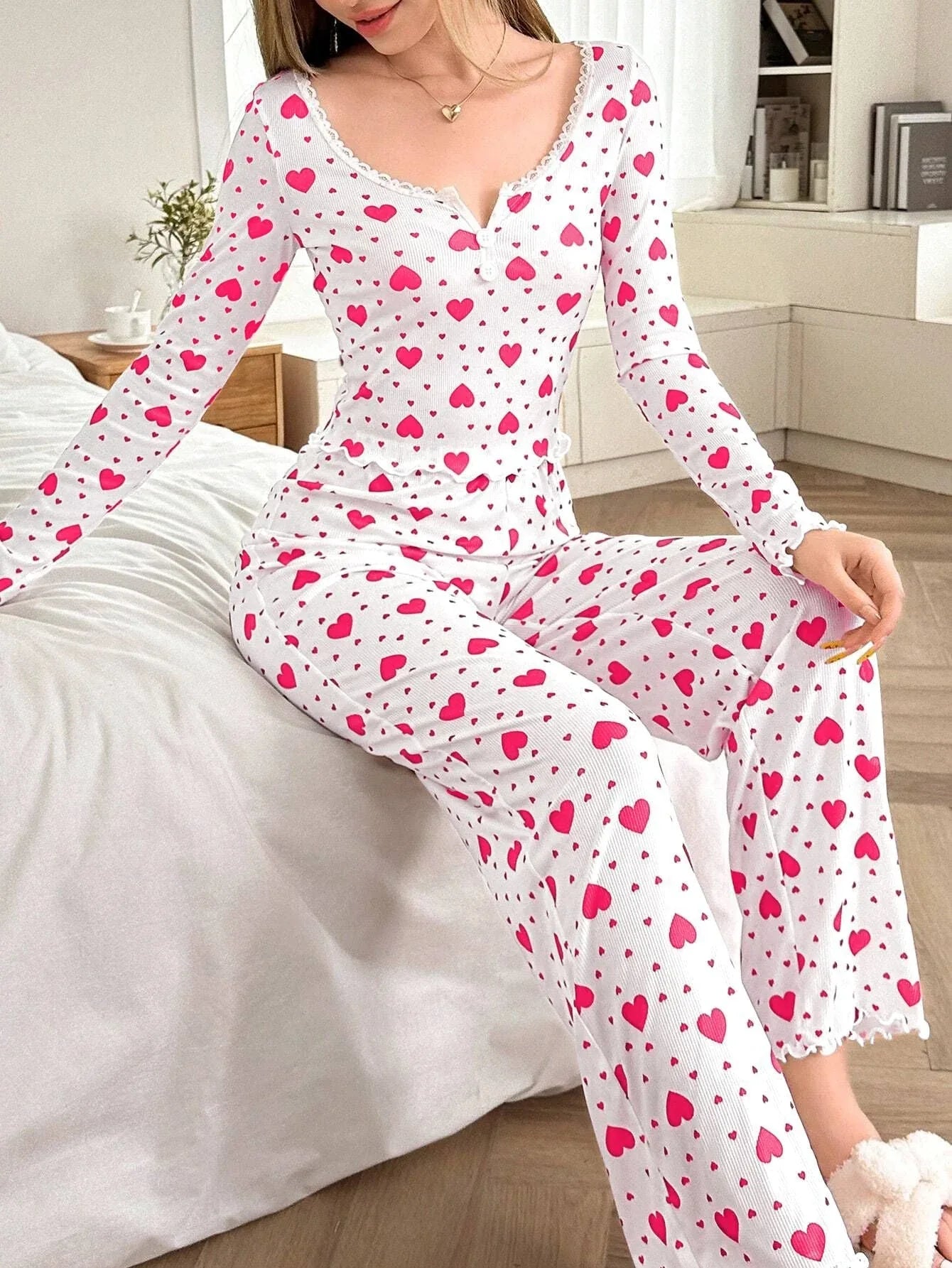 Ribbed Heart Print Pajama Set - View 37 | WEUXS