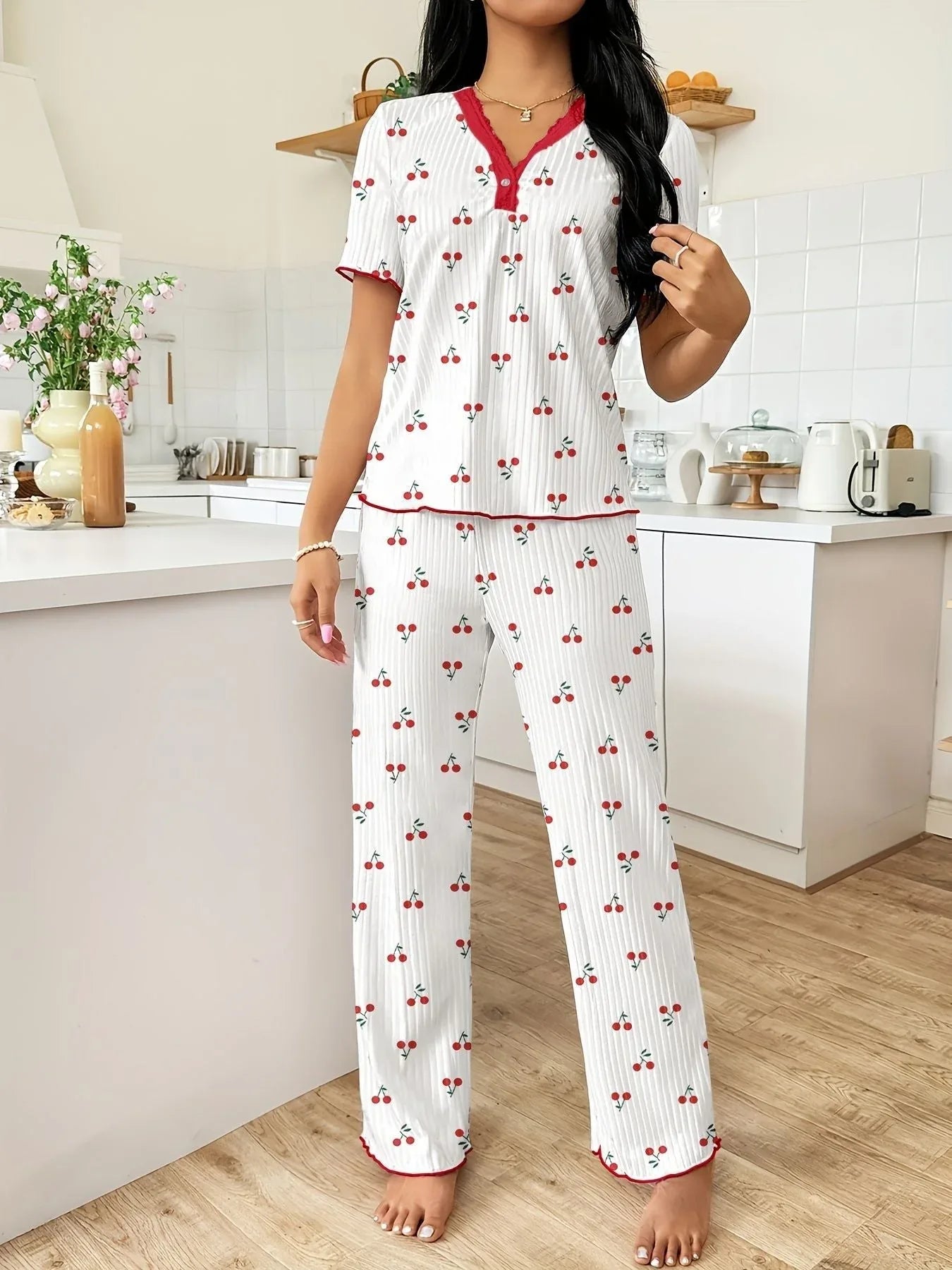 Heart Print Ribbed Lounge Set - View 18 | WEUXS