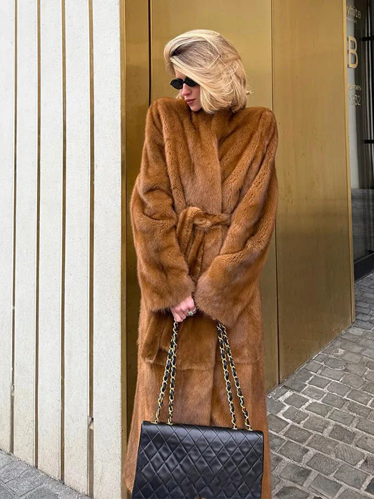 Opulent Caramel Faux Mink Maxi Coat - View 9 | WEUXS