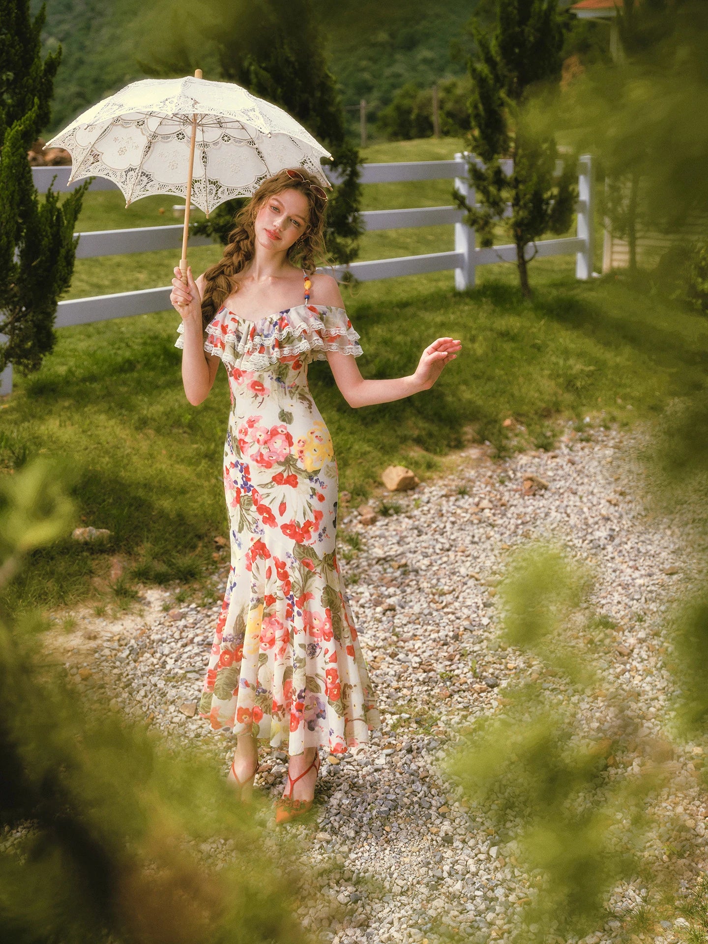 French Style Floral Print Midi Dress