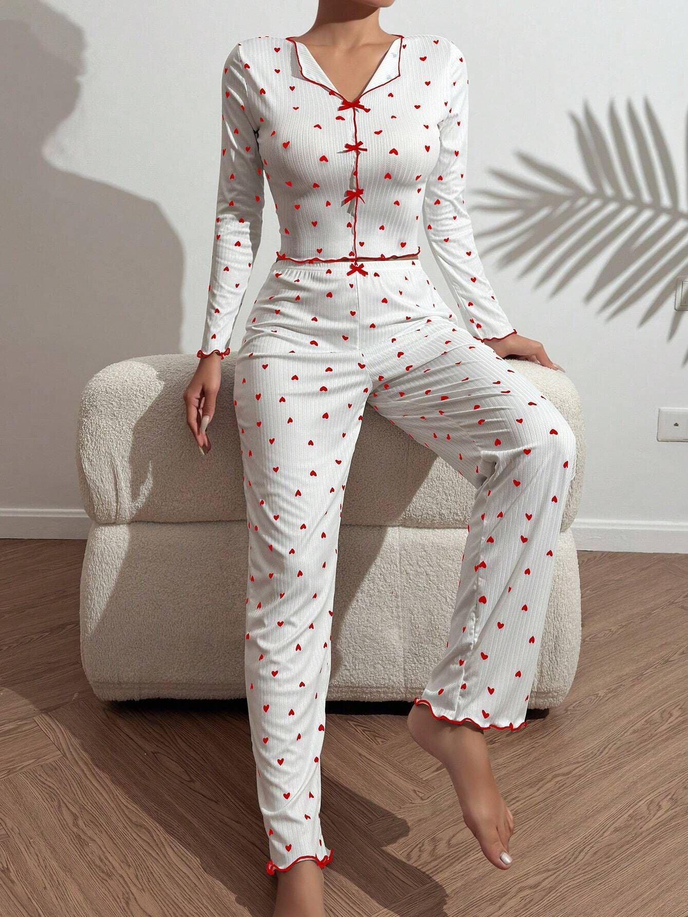 Ribbed Heart Print Pajama Set - View 16 | WEUXS