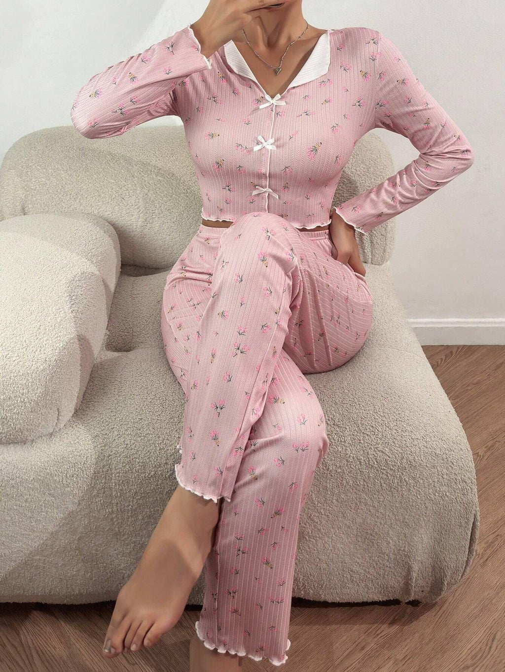 Ribbed Floral Henley Pajama Set - View 20 | WEUXS
