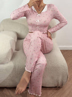 Ribbed Floral Henley Pajama Set - View 20 | WEUXS