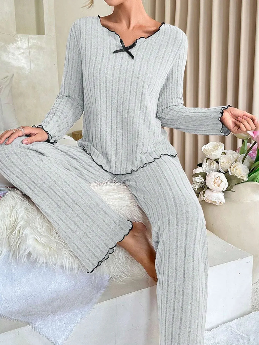 Ribbed Pajama Set with Contrast Trim and Bow - View 19 | WEUXS