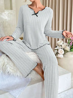 Ribbed Pajama Set with Contrast Trim and Bow - View 19 | WEUXS