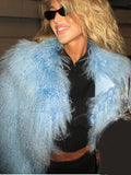 Icy Blue Mongolian Style Shaggy Faux Fur Jacket - WEUXS