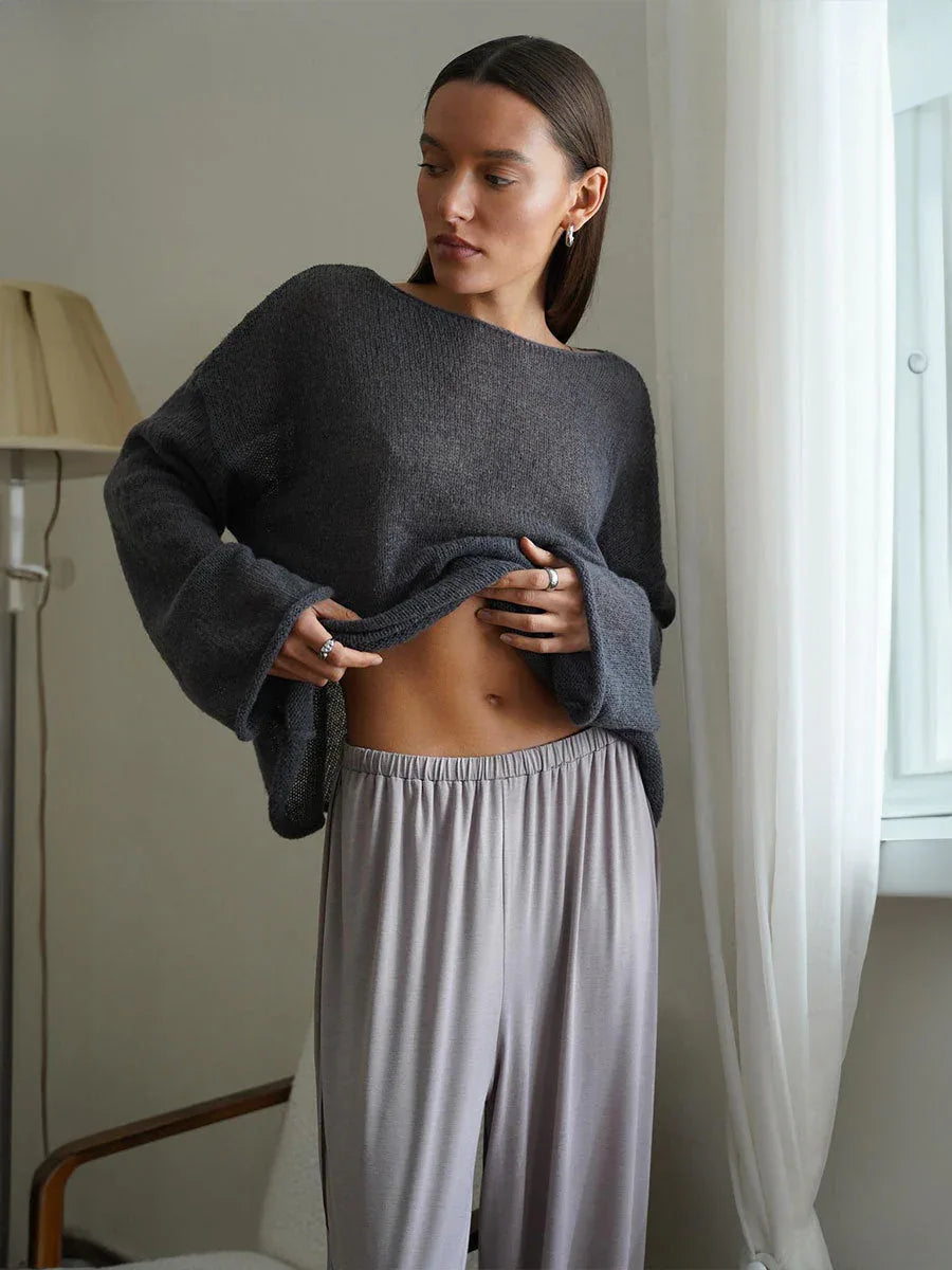 Oversized knit pullover sweater with boat neckline - View 17 | WEUXS