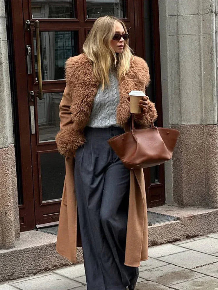 Camel Wool-Blend Midi Coat with Plush Shearling Trim - WEUXS