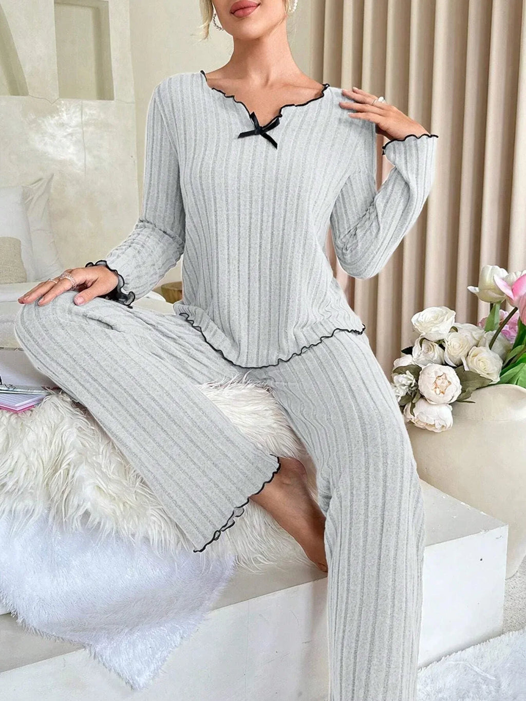 Ribbed Pajama Set with Contrast Trim and Bow - View 26 | WEUXS