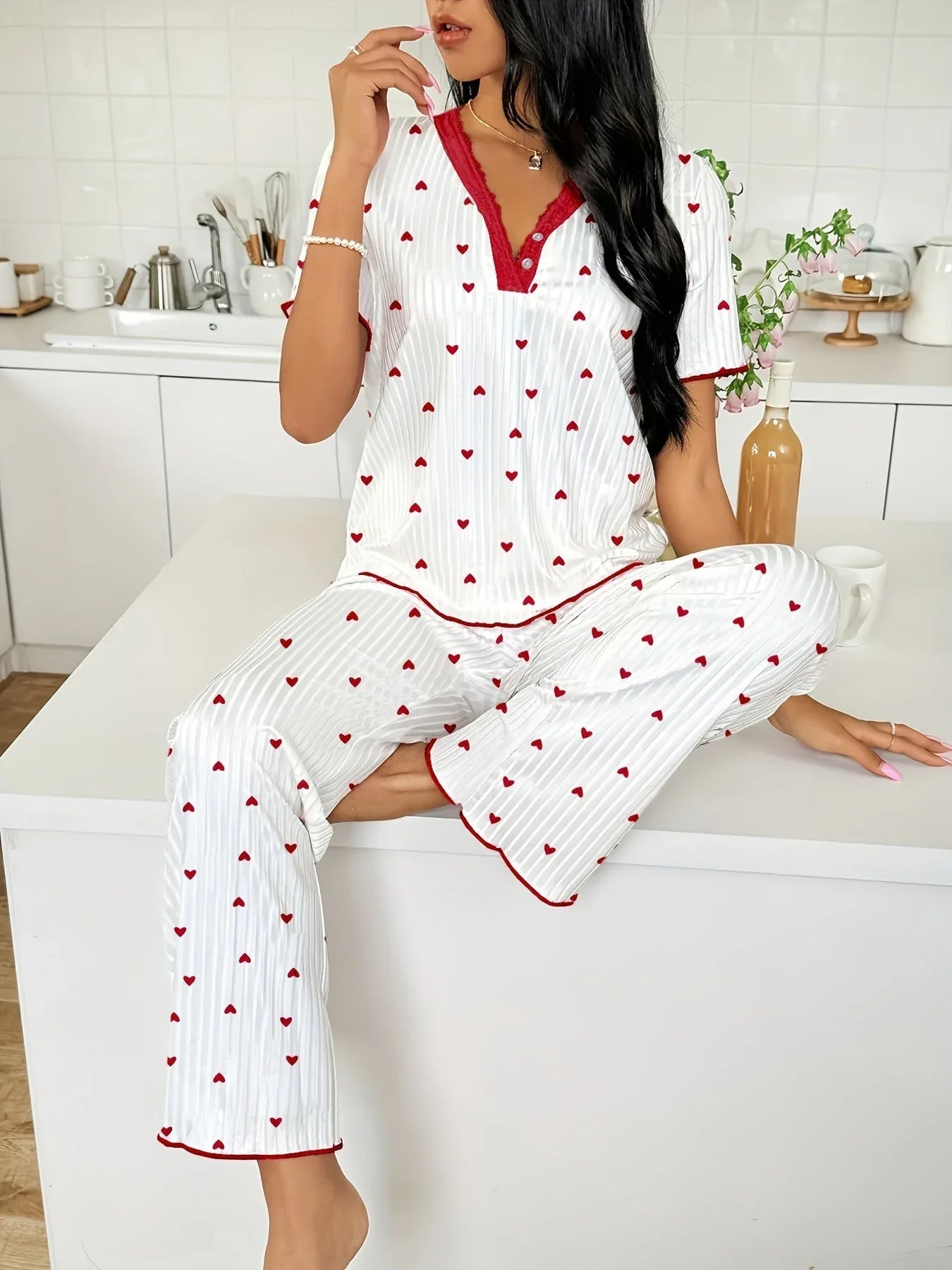 Heart Print Ribbed Lounge Set Secondary image